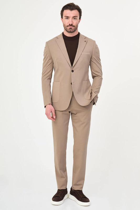 Men's mink slim-fit casual suit featuring a tailored blazer with notch lapels and matching trousers.