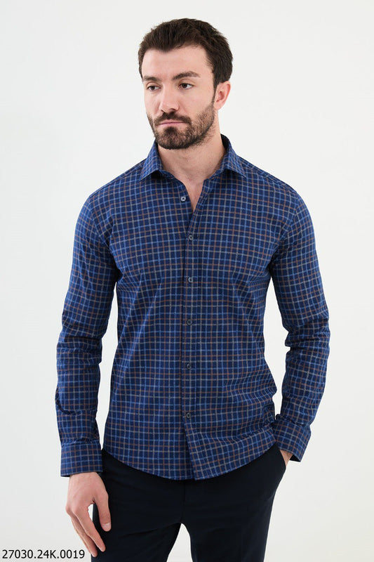 Men's Navy Blue Brown Grid Pattern Shirt.