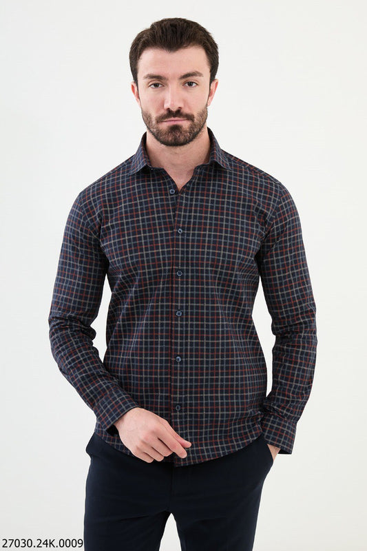 Men's Navy Blue Brown Grid Pattern Shirt.