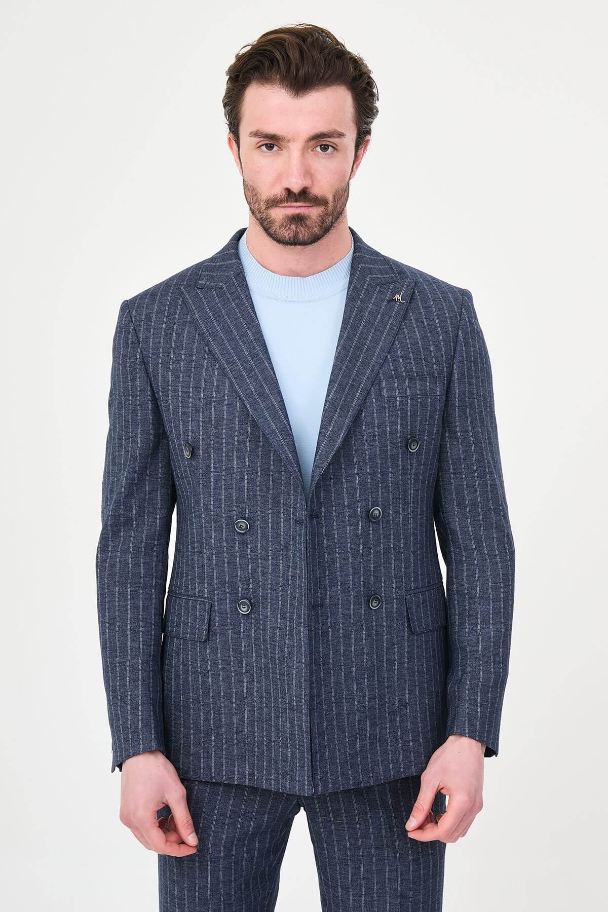 Model wearing Navy Blue Pinstripe Double-Breasted Suit