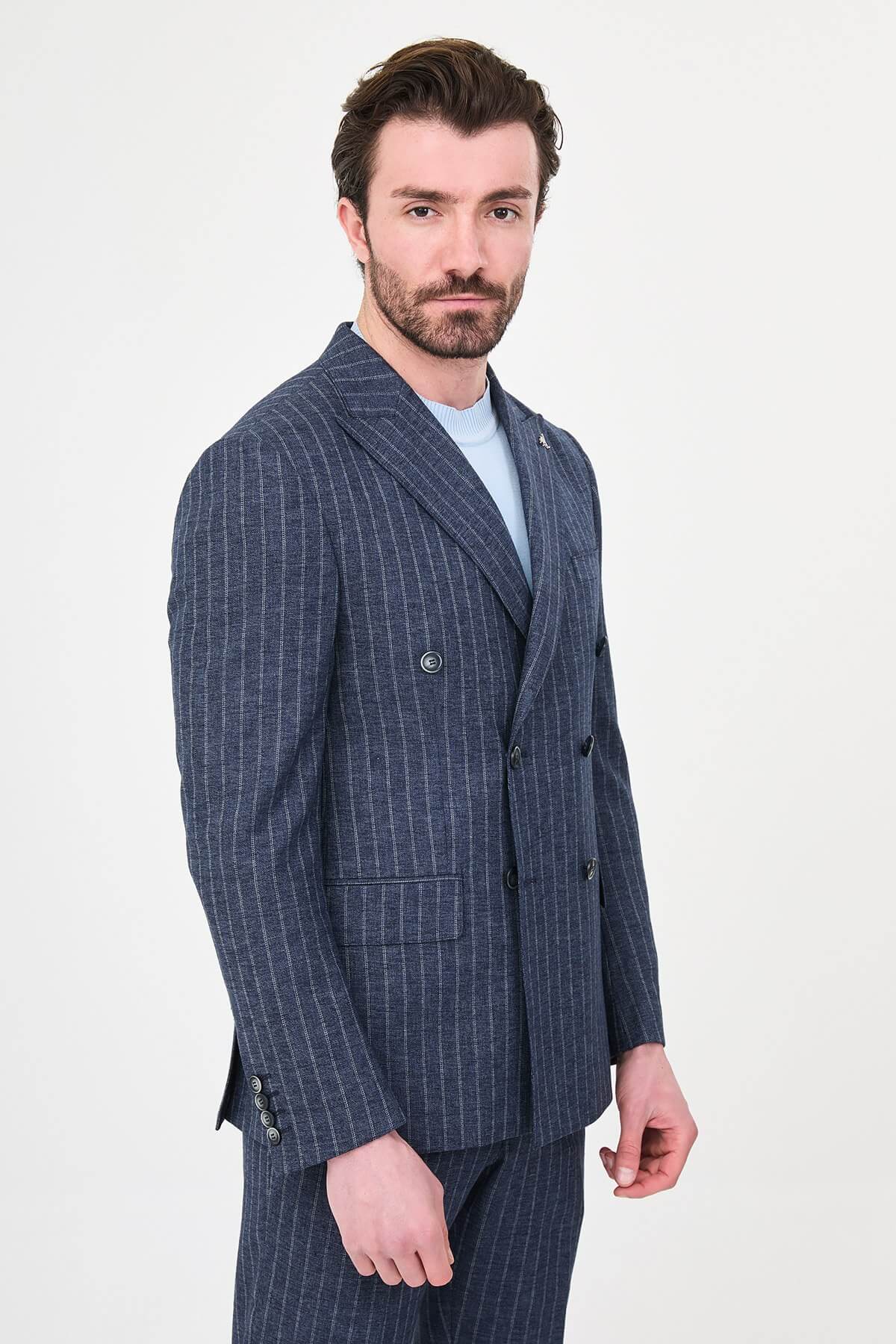 Model wearing Navy Blue Pinstripe Double-Breasted Suit