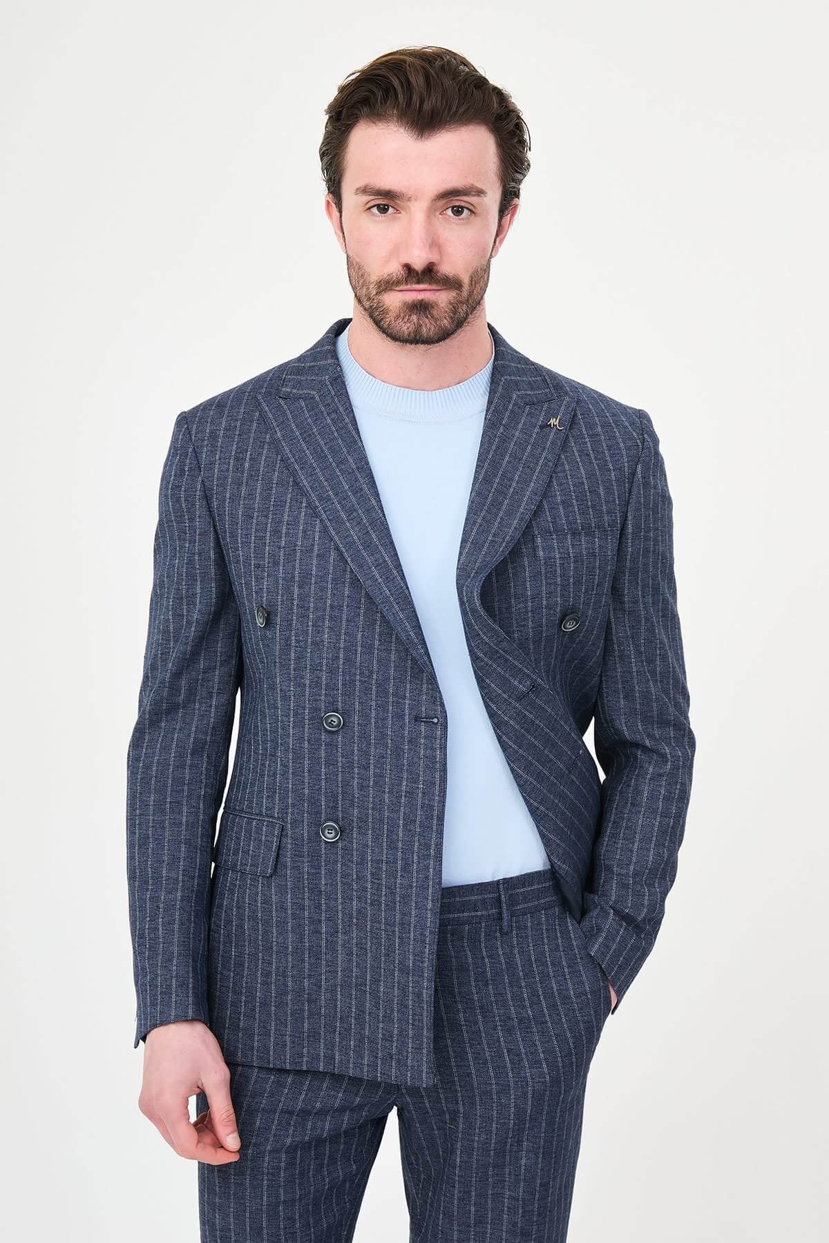 Model wearing Navy Blue Pinstripe Double-Breasted Suit