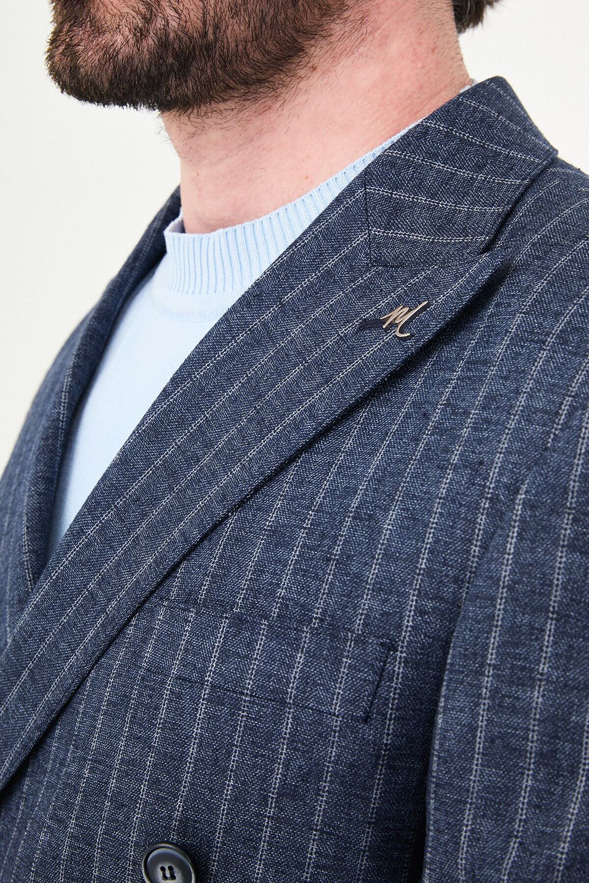 Model wearing Navy Blue Pinstripe Double-Breasted Suit