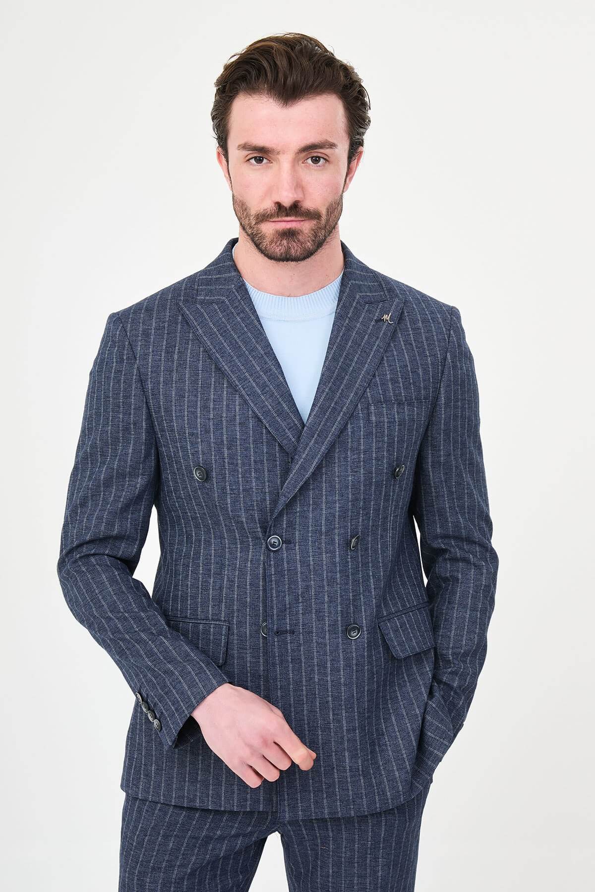Model wearing Navy Blue Pinstripe Double-Breasted Suit