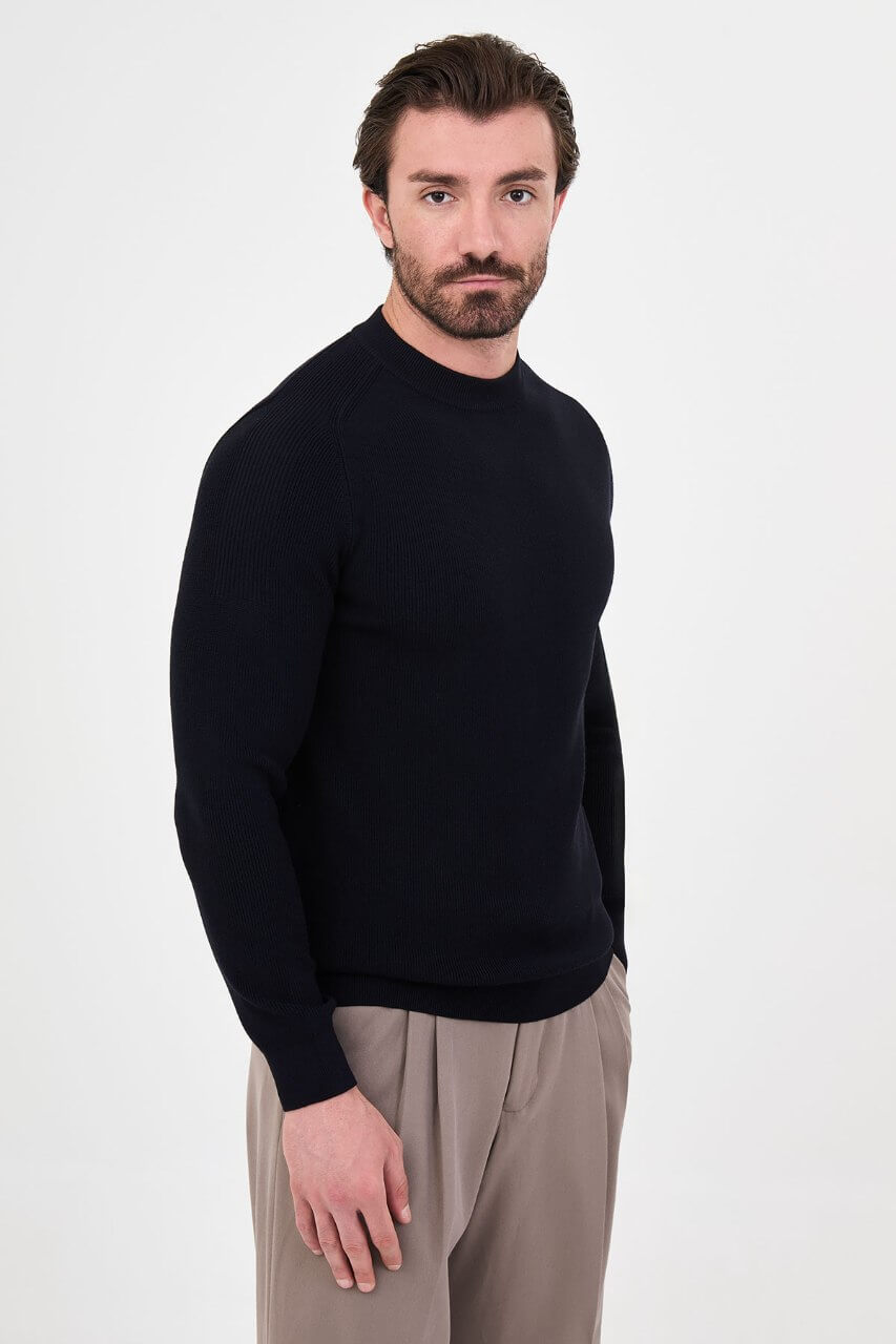 Men’s navy blue crew neck knit sweater with cotton stretch fabric for fall winter smart casual outfits