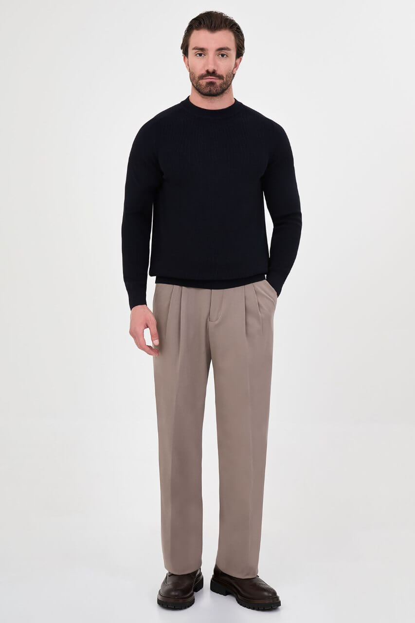 Men’s navy blue crew neck knit sweater with cotton stretch fabric for fall winter smart casual outfits