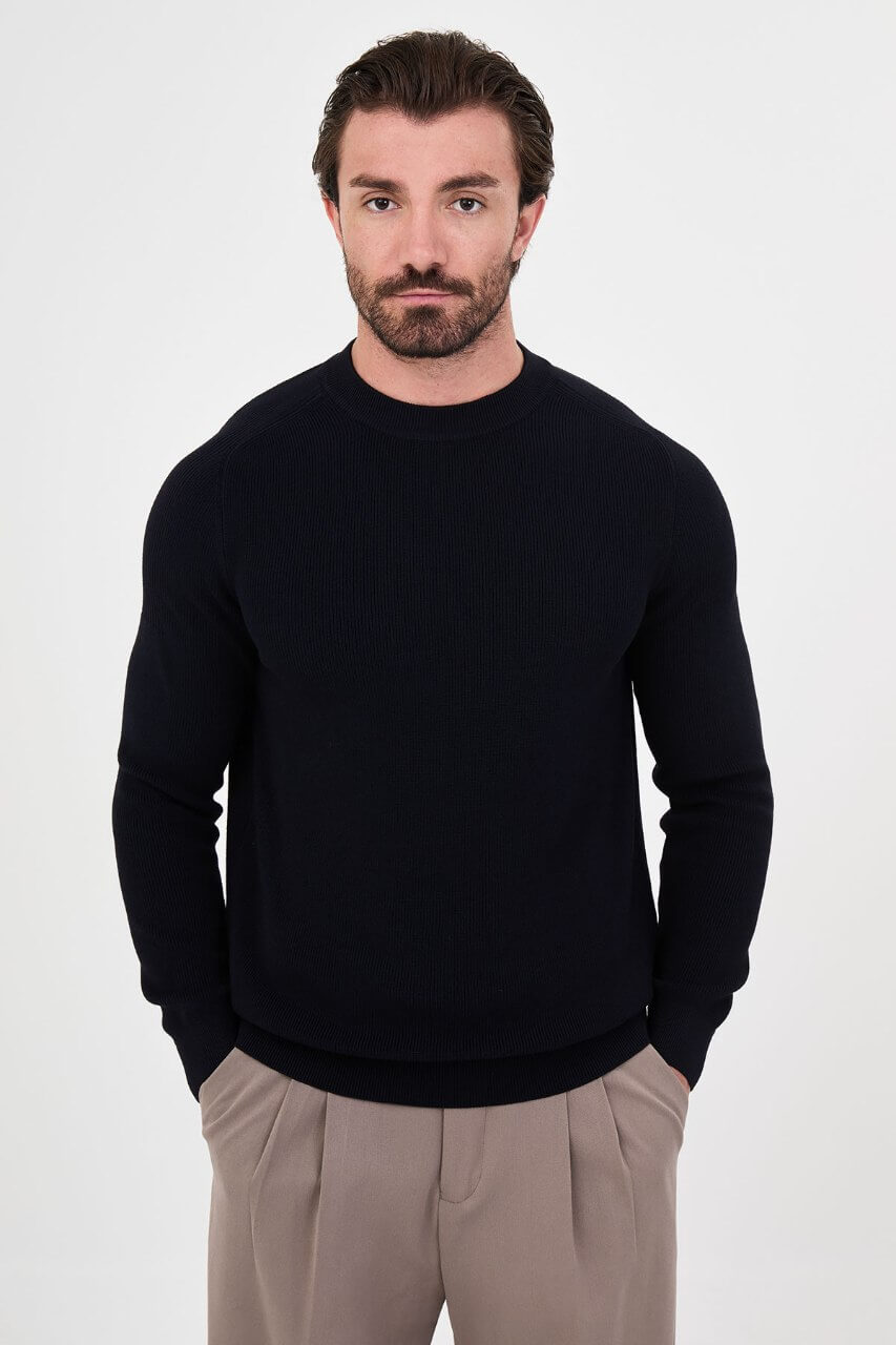 Men’s navy blue crew neck knit sweater with cotton stretch fabric for fall winter smart casual outfits