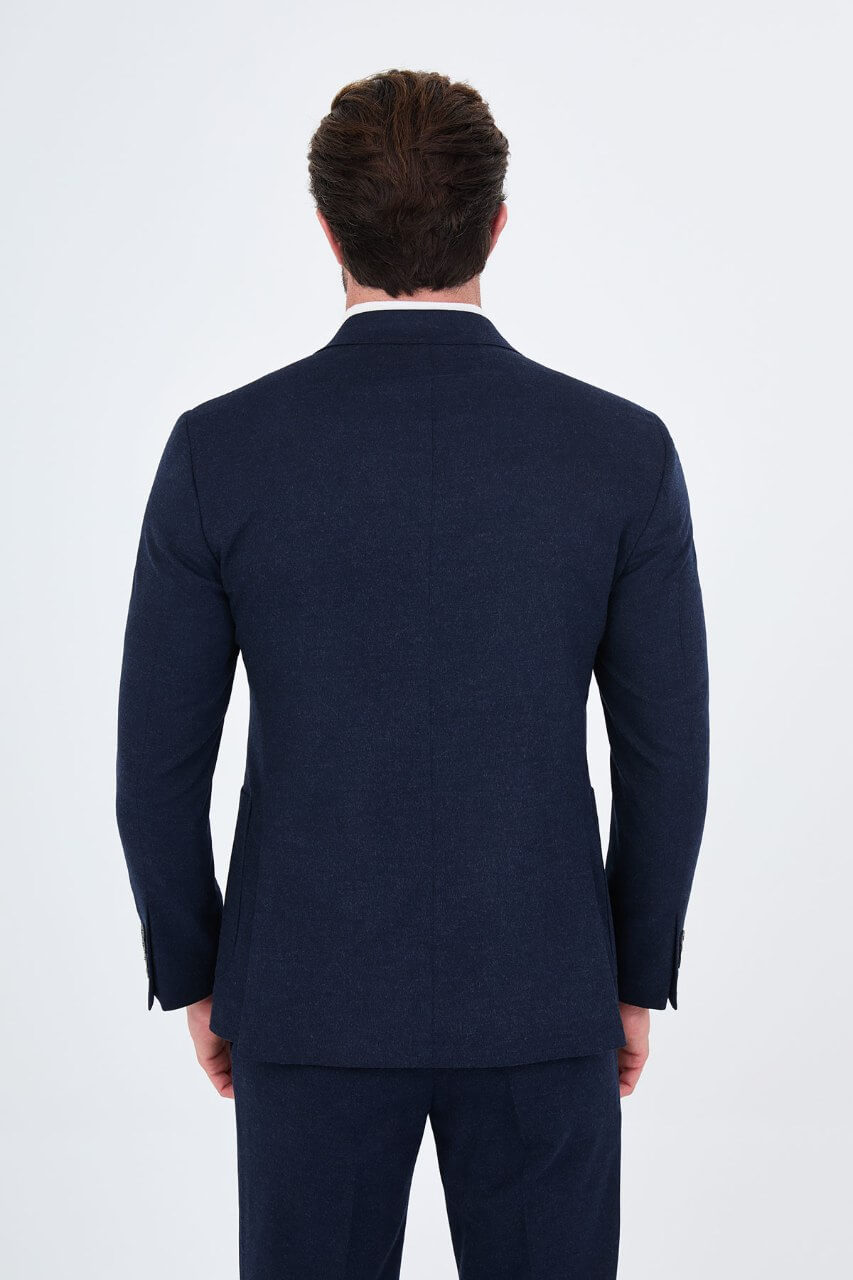 HolloMen men's navy blue double-breasted suit featuring notch lapels, a six-button jacket, and lower patch pockets.
