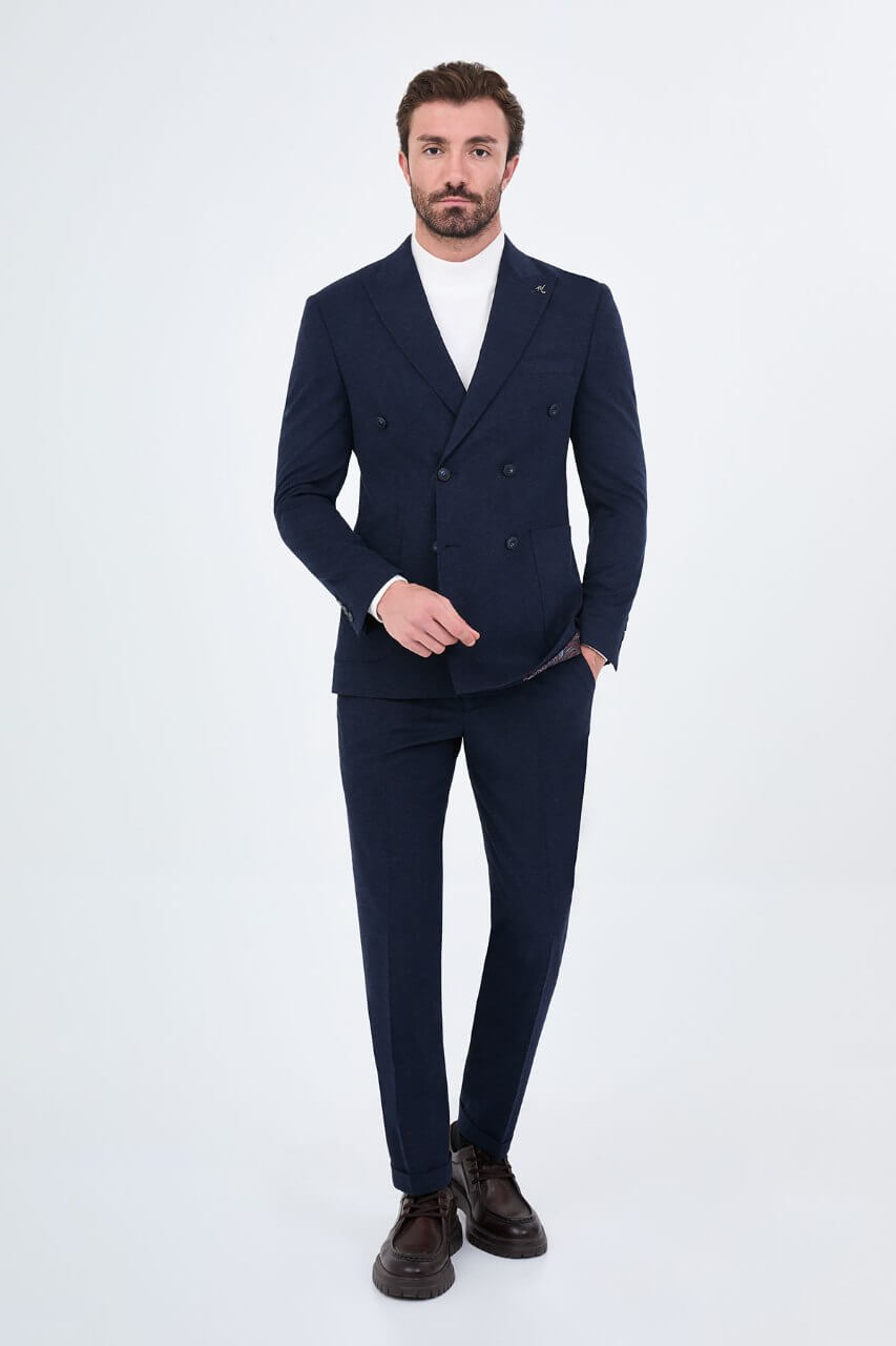 HolloMen men's navy blue double-breasted suit featuring notch lapels, a six-button jacket, and lower patch pockets.