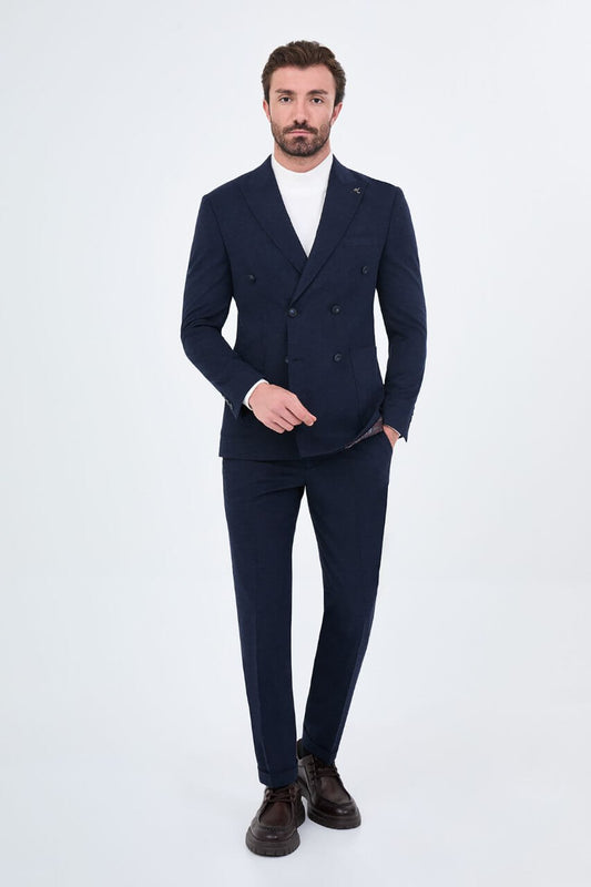 HolloMen men's navy blue double-breasted suit featuring notch lapels, a six-button jacket, and lower patch pockets.