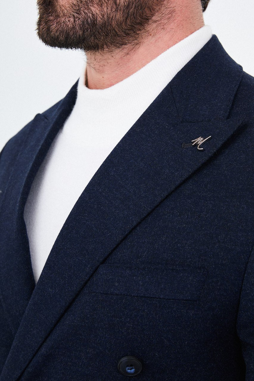 HolloMen men's navy blue double-breasted suit featuring notch lapels, a six-button jacket, and lower patch pockets.