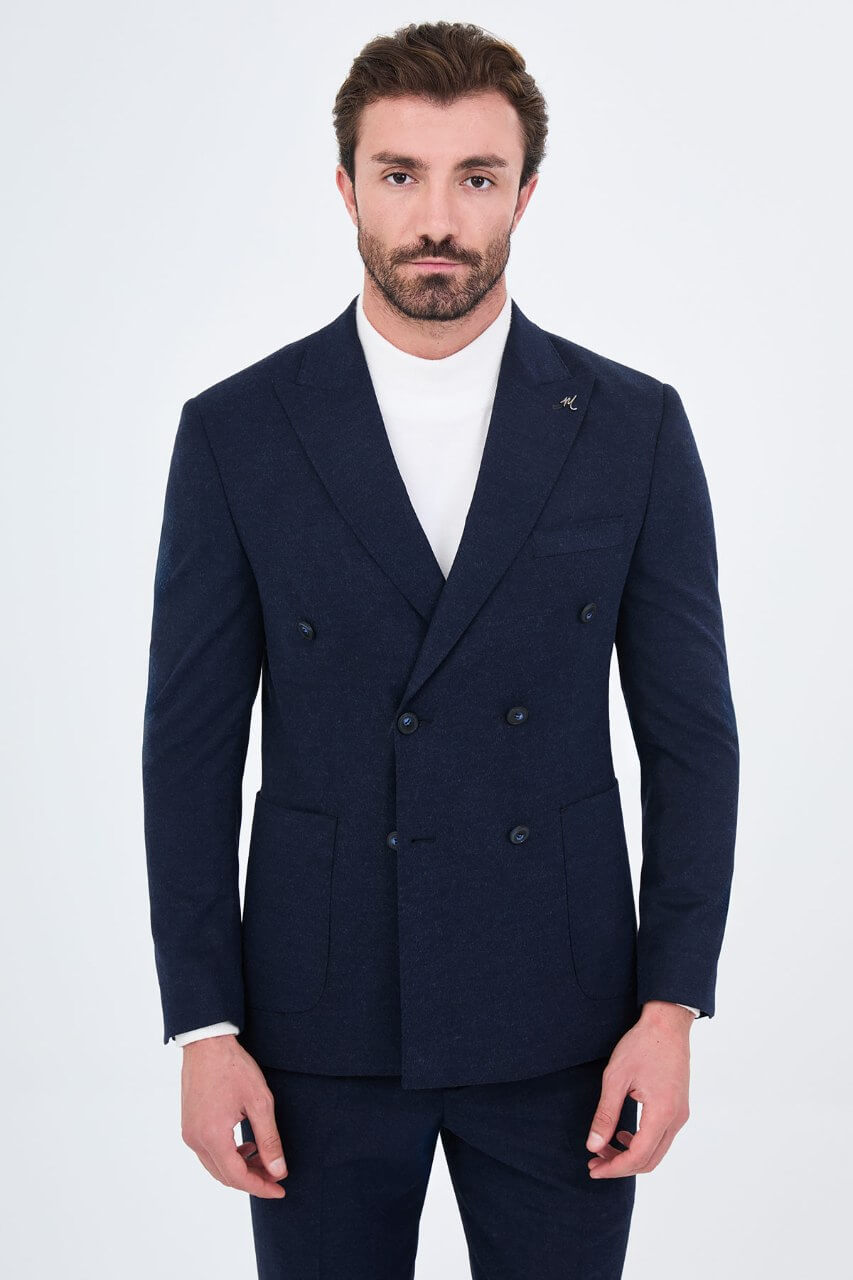 HolloMen men's navy blue double-breasted suit featuring notch lapels, a six-button jacket, and lower patch pockets.