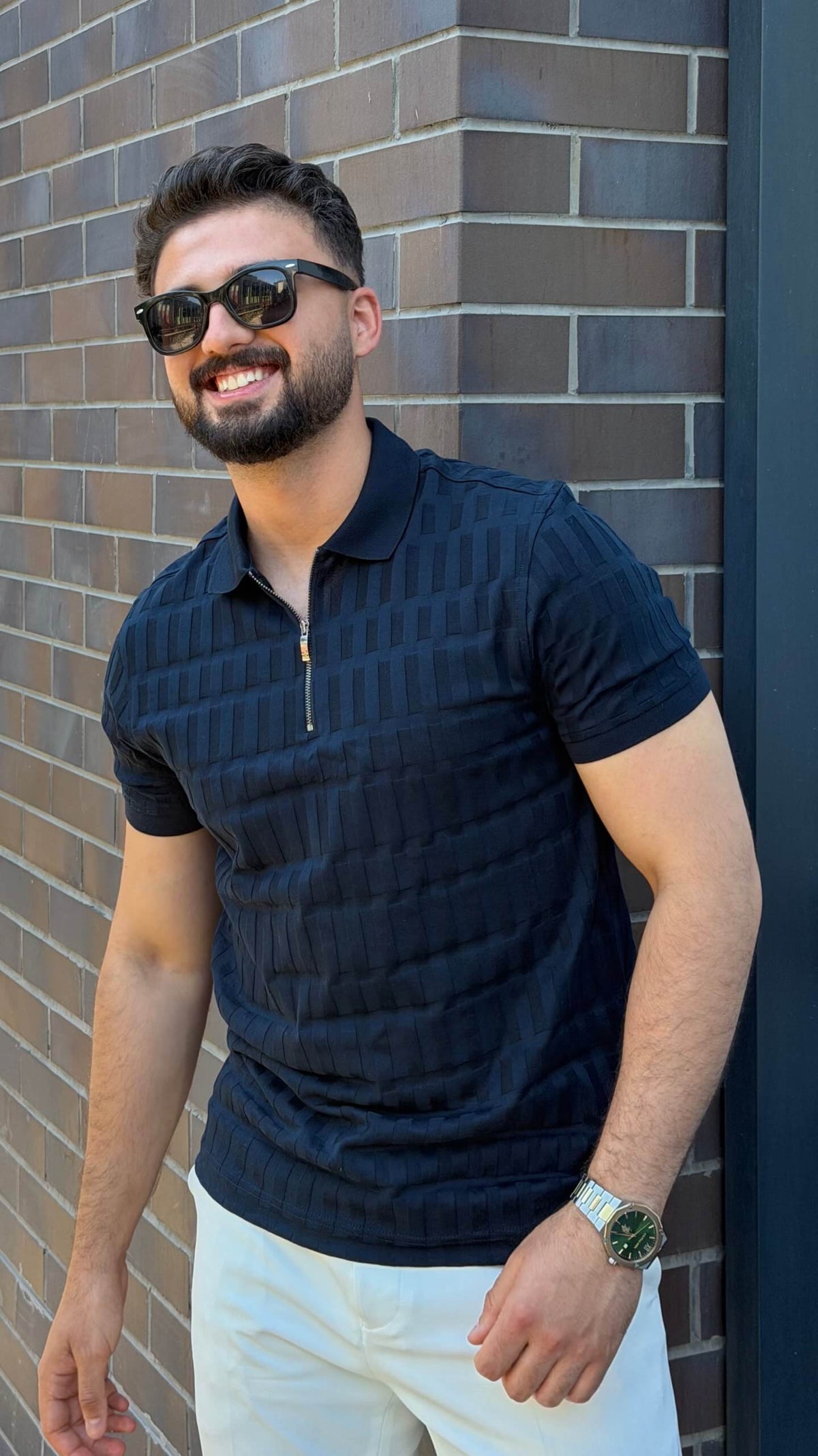 Men’s navy blue half zip polo shirt with textured cotton design for smart casual outfits