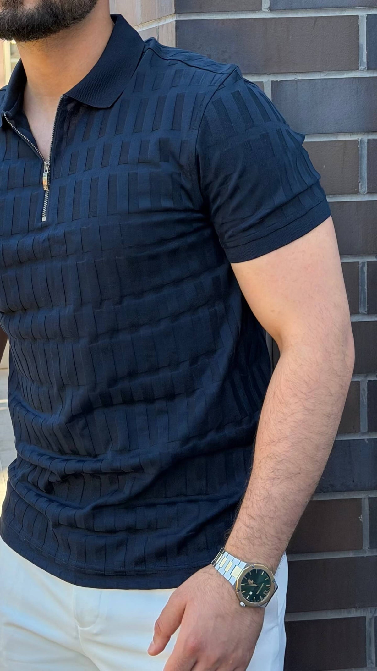 Men’s navy blue half zip polo shirt with textured cotton design for smart casual outfits