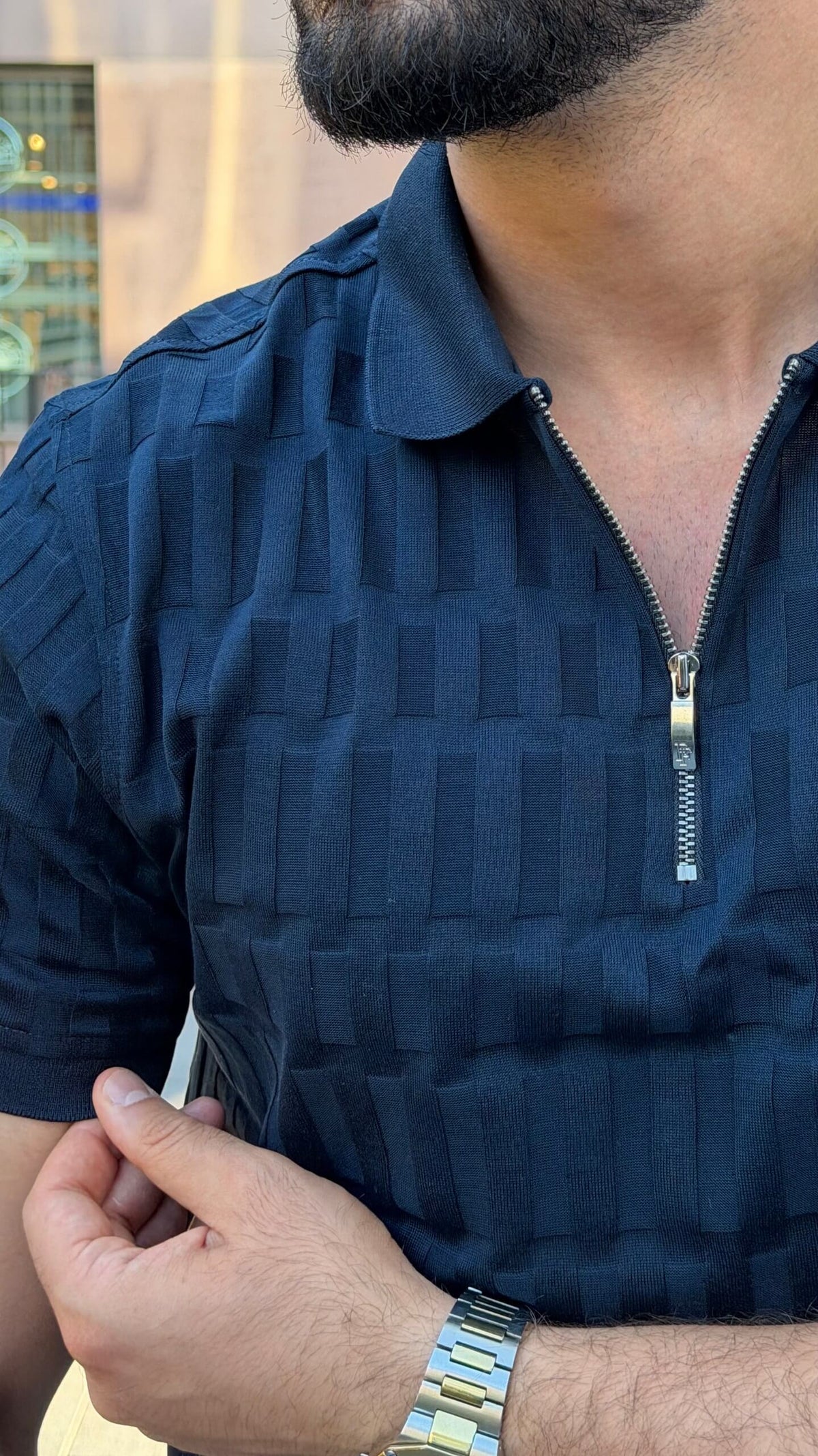Men’s navy blue half zip polo shirt with textured cotton design for smart casual outfits