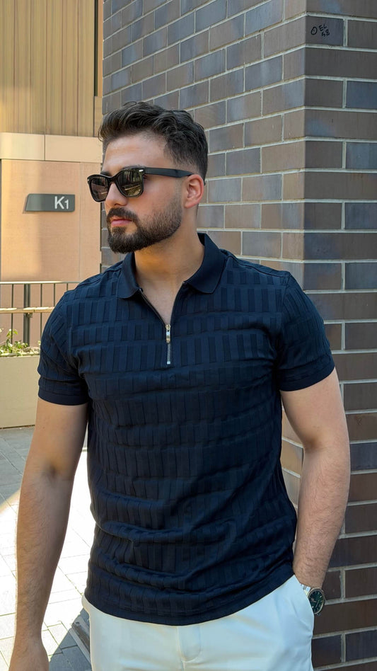 Men’s navy blue half zip polo shirt with textured cotton design for smart casual outfits