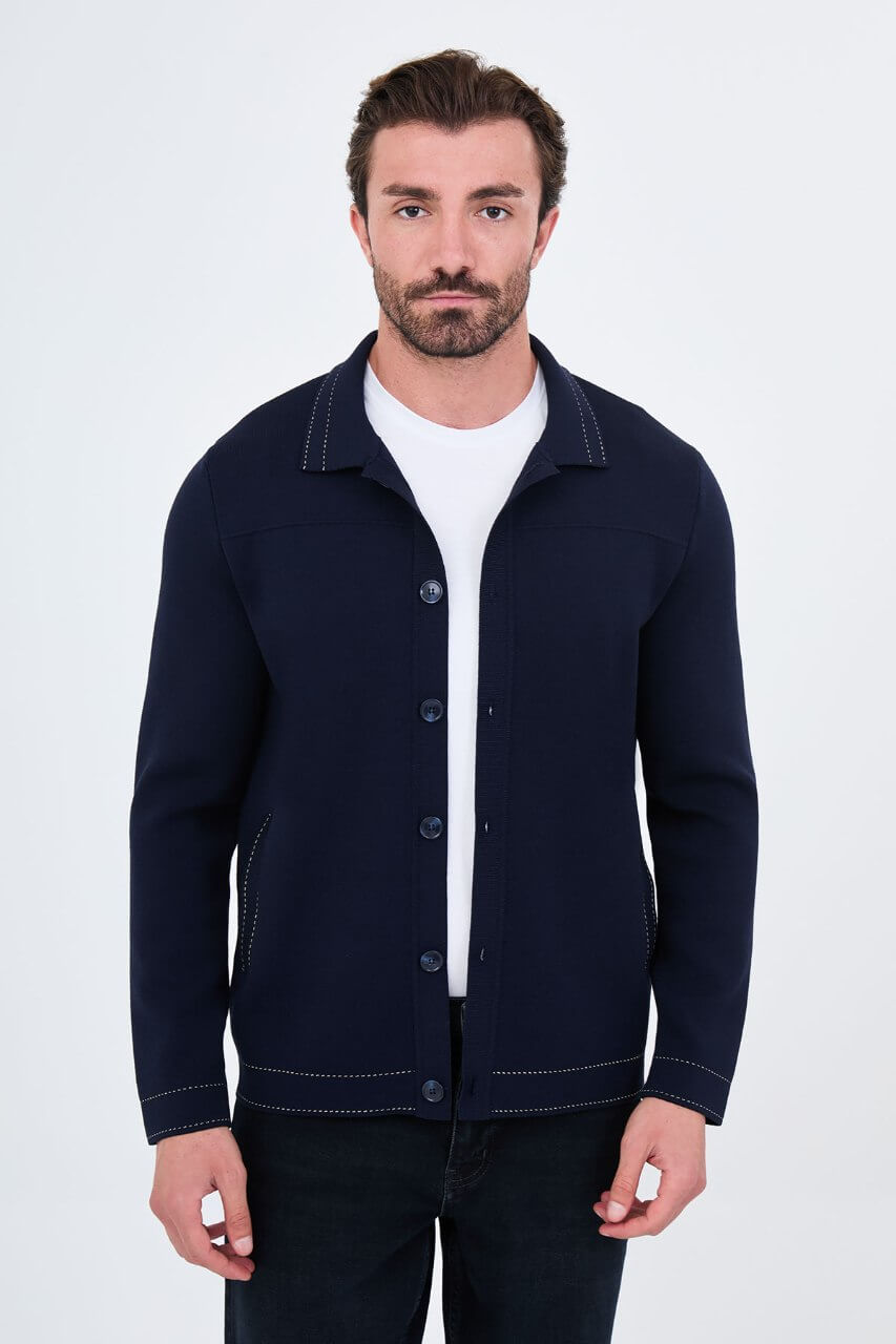 Men’s navy blue knit button-up cardigan with shirt collar for smart casual fall winter layering