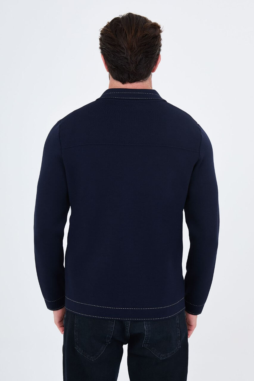 Men’s navy blue knit button-up cardigan with shirt collar for smart casual fall winter layering