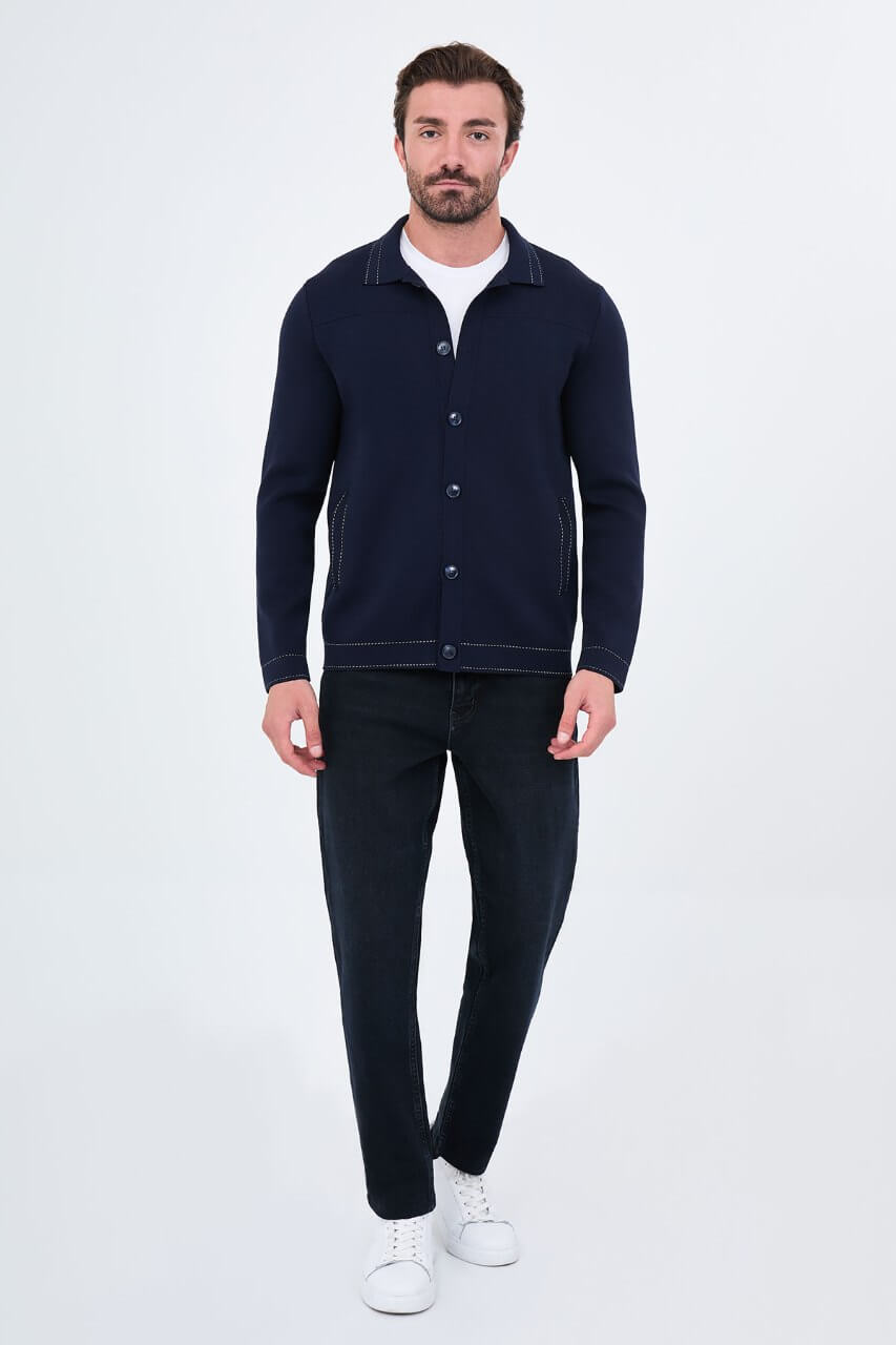 Men’s navy blue knit button-up cardigan with shirt collar for smart casual fall winter layering