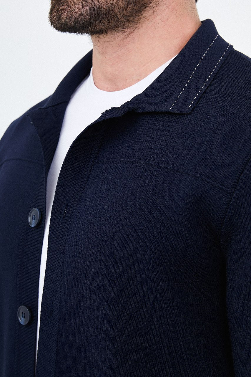 Men’s navy blue knit button-up cardigan with shirt collar for smart casual fall winter layering