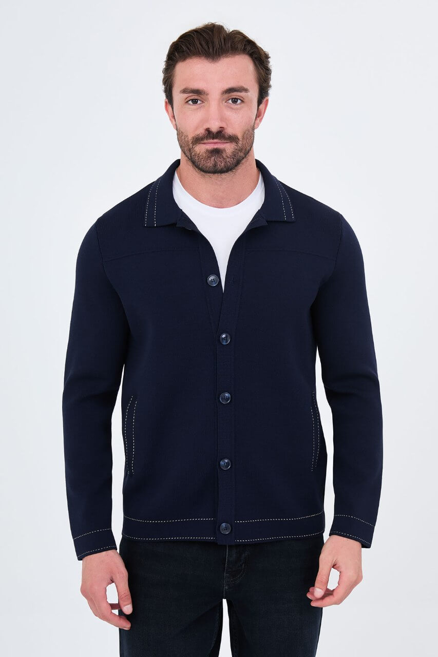 Men’s navy blue knit button-up cardigan with shirt collar for smart casual fall winter layering