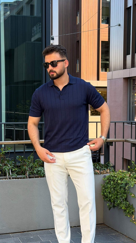 Men’s navy blue knitted polo shirt with textured fabric and smart casual style