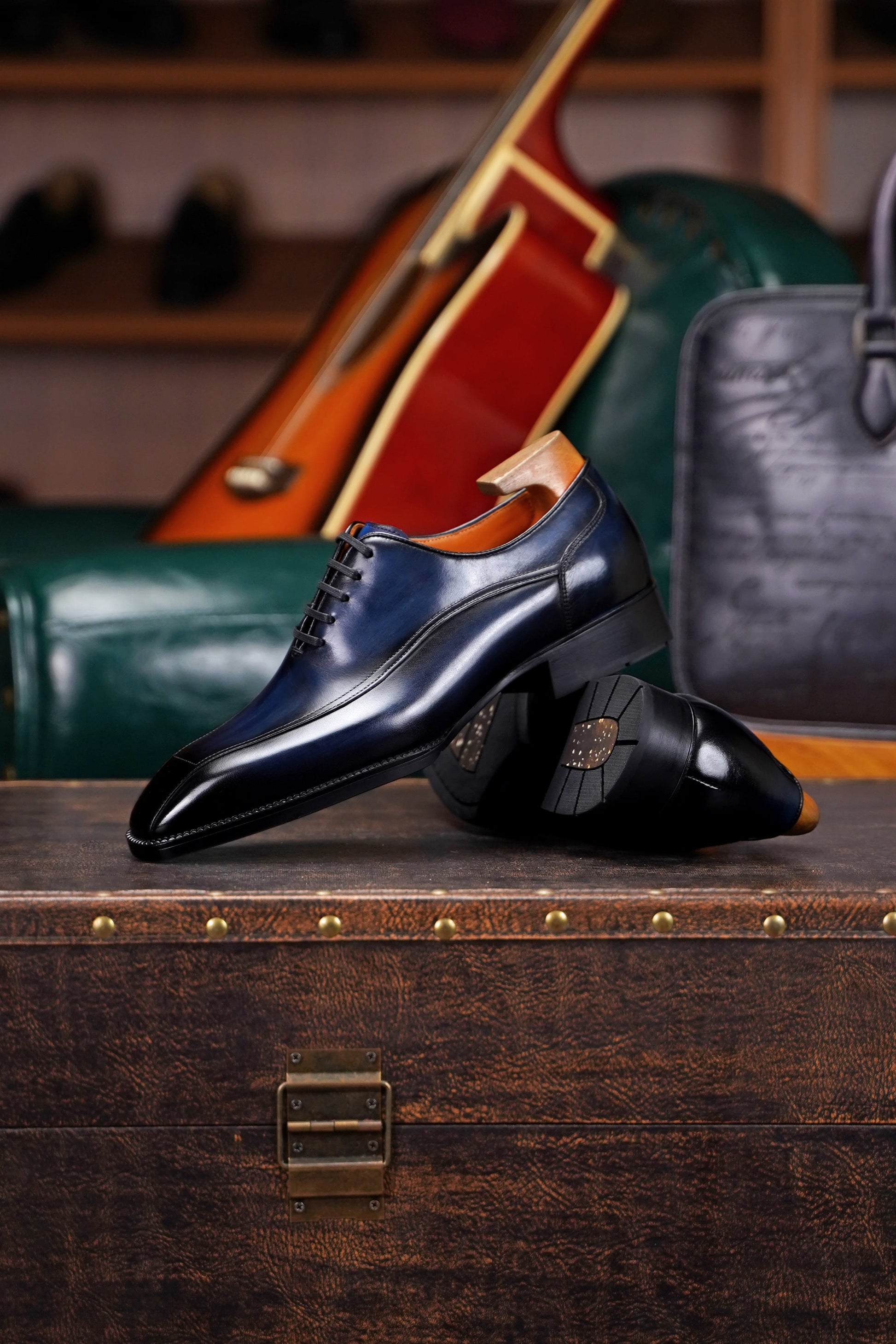 Men's Navy Blue Leather Oxford Dress Shoes – HolloMen