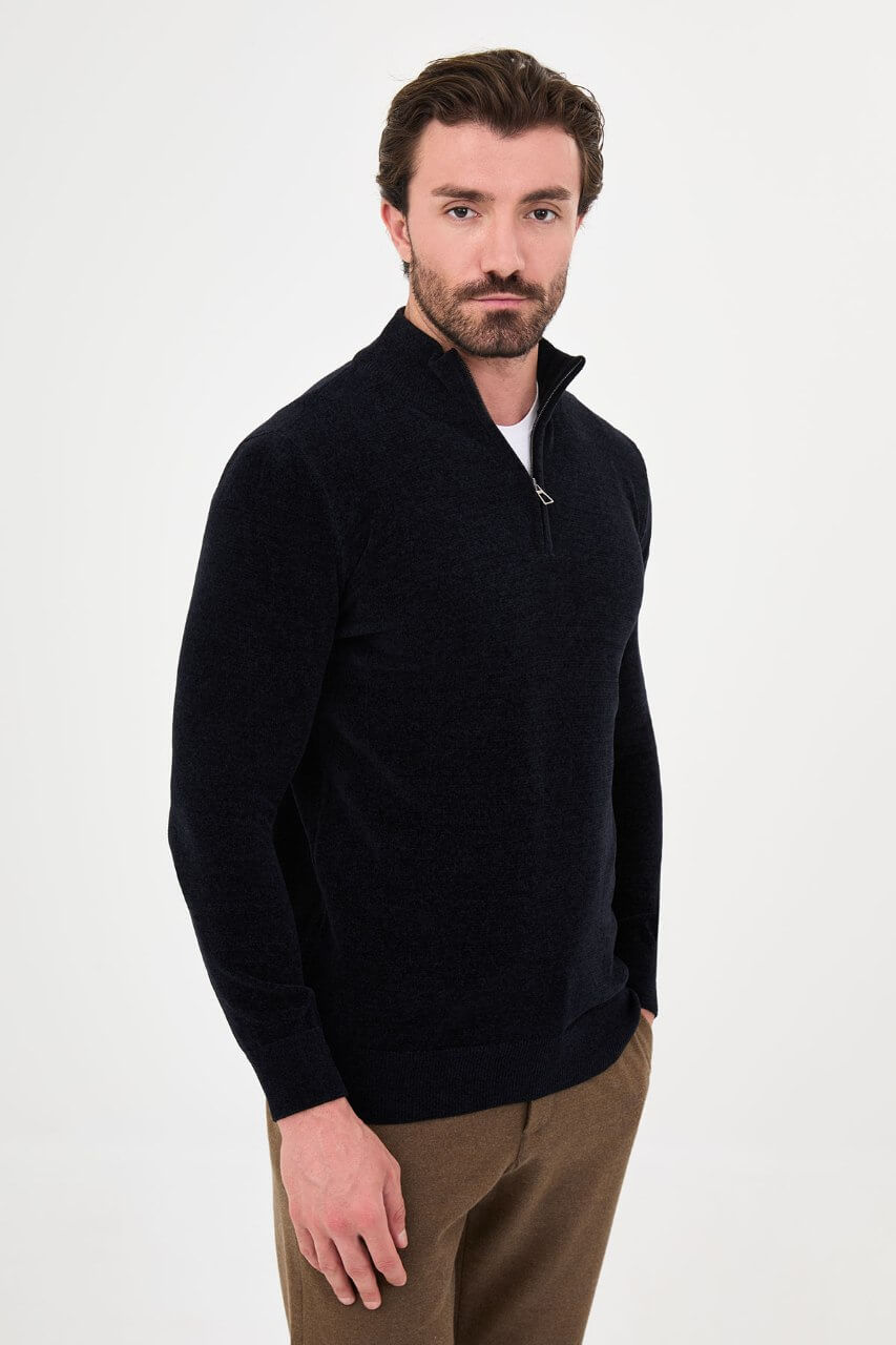 Men’s navy blue zip neck knit sweater with cotton blend fabric for fall winter smart casual outfits.