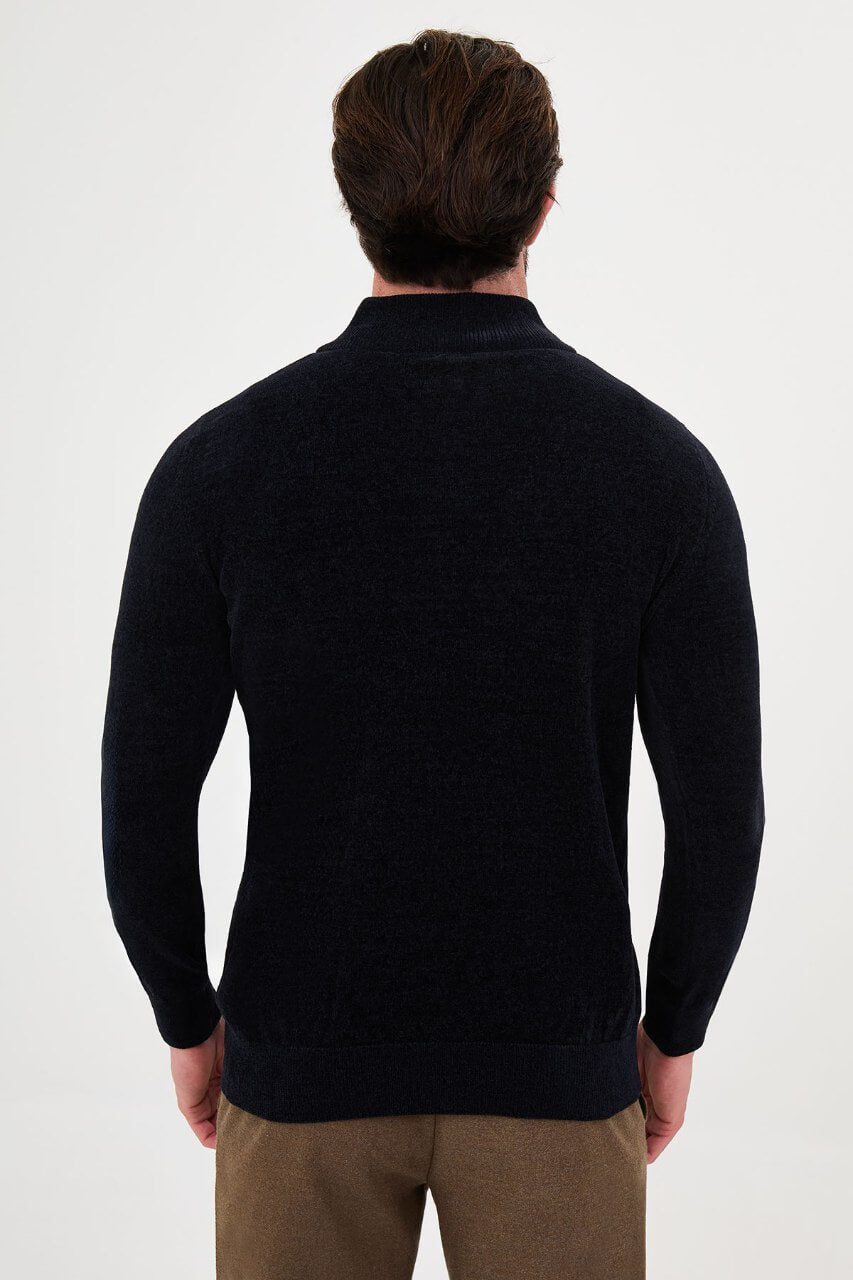 Men’s navy blue zip neck knit sweater with cotton blend fabric for fall winter smart casual outfits.