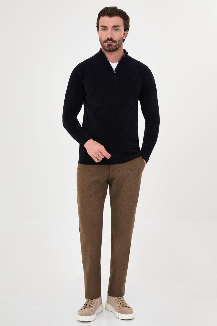 Men’s navy blue zip neck knit sweater with cotton blend fabric for fall winter smart casual outfits.
