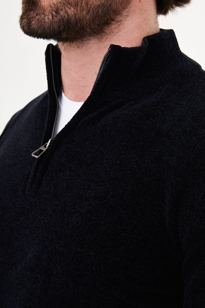 Men’s navy blue zip neck knit sweater with cotton blend fabric for fall winter smart casual outfits.