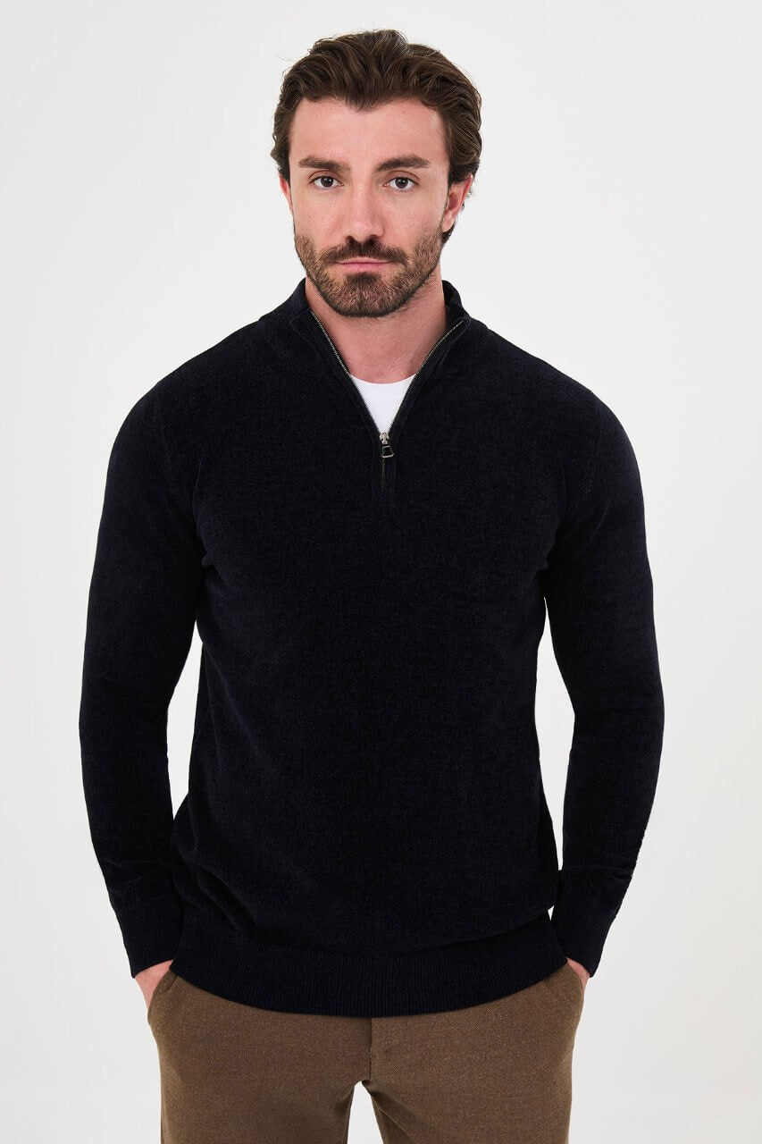 Men’s navy blue zip neck knit sweater with cotton blend fabric for fall winter smart casual outfits.