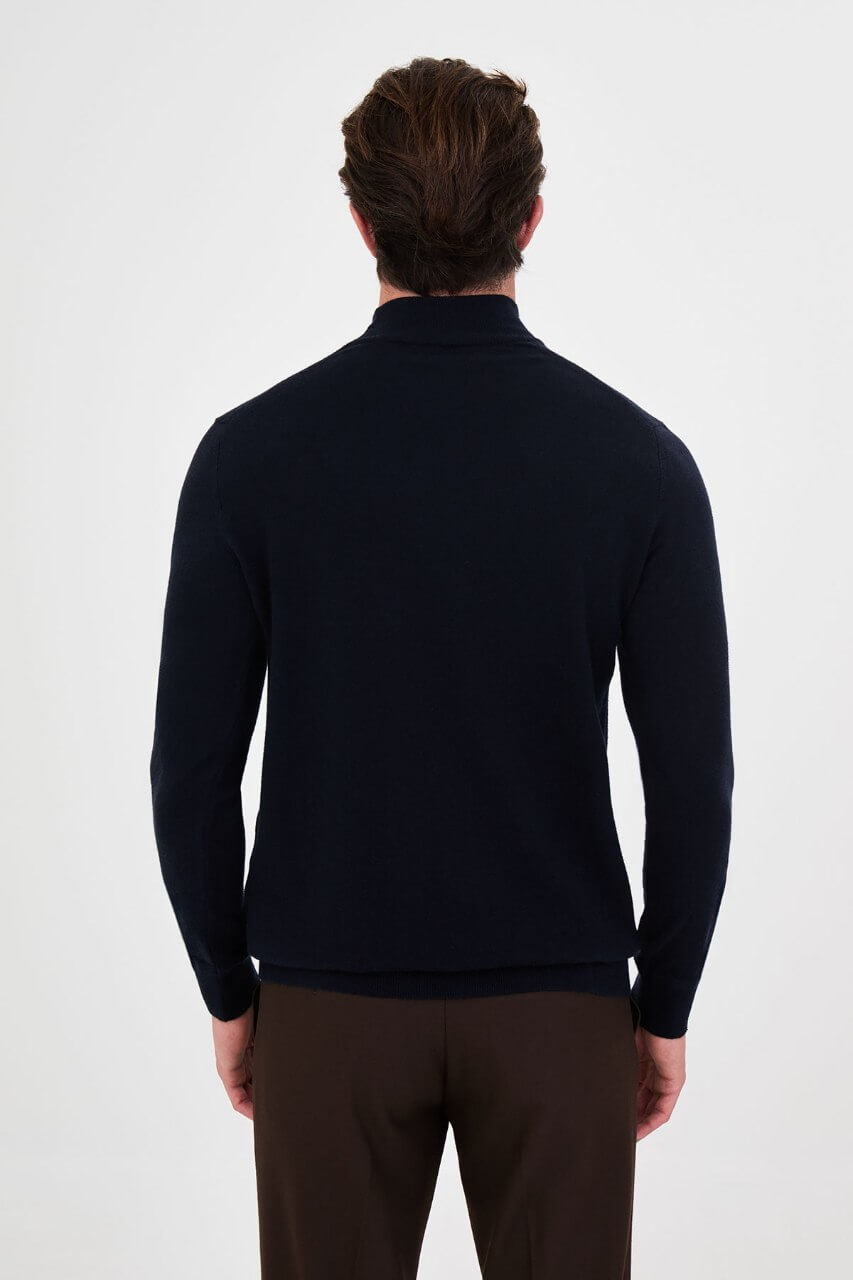 Men's navy blue cashmere blend mock neck knit sweater slim fit fall winter menswear