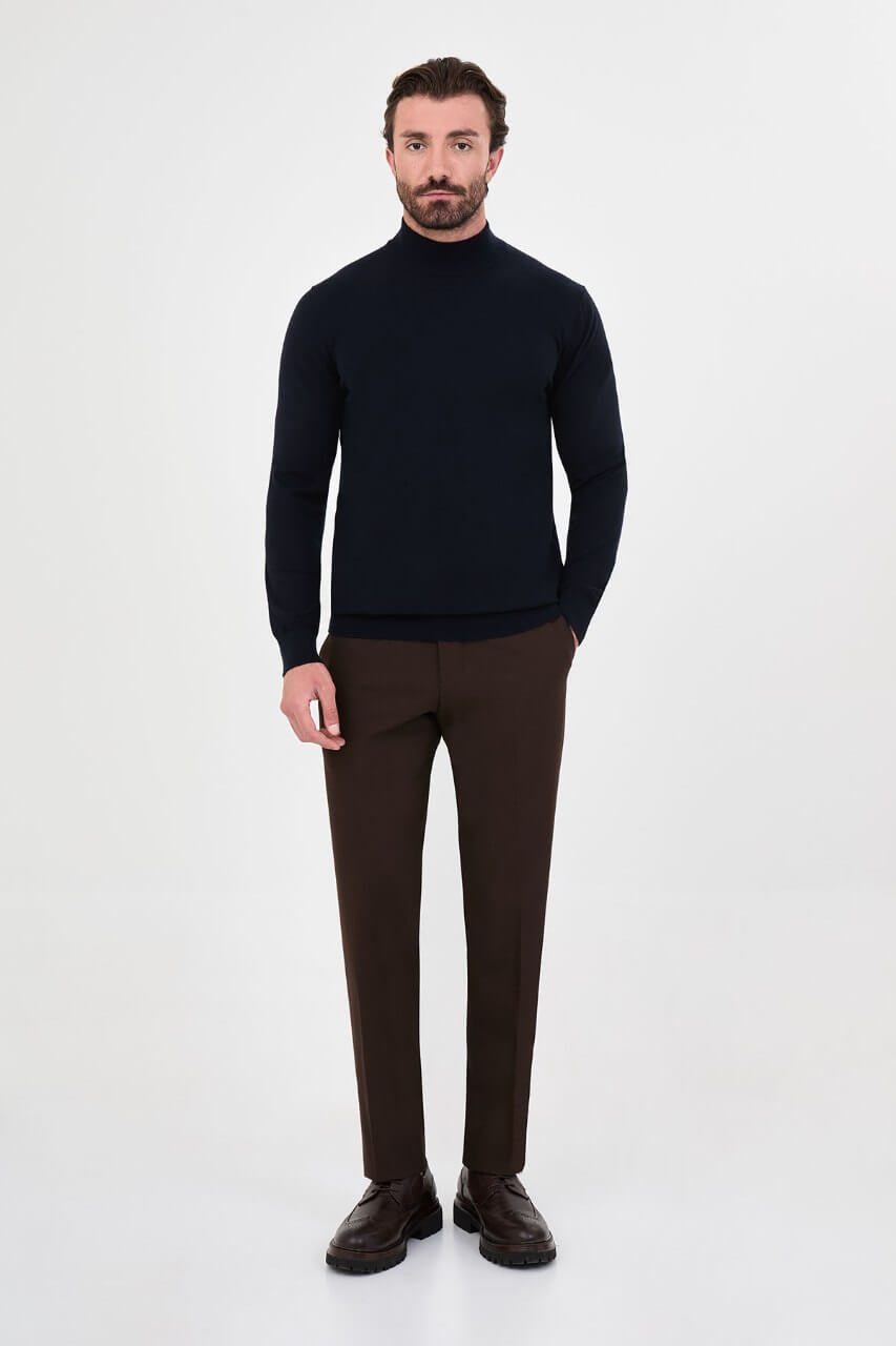 Men's navy blue cashmere blend mock neck knit sweater slim fit fall winter menswear