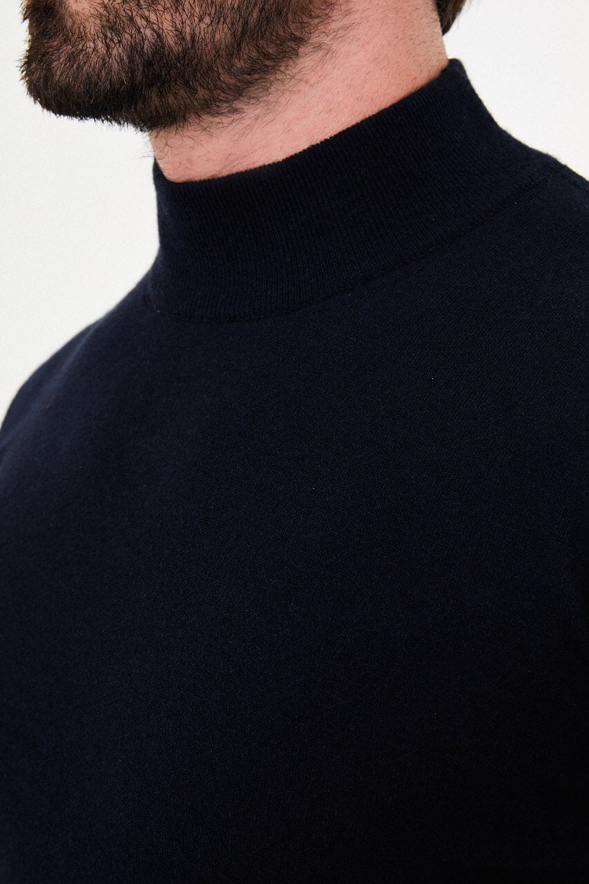 Men's navy blue cashmere blend mock neck knit sweater slim fit fall winter menswear