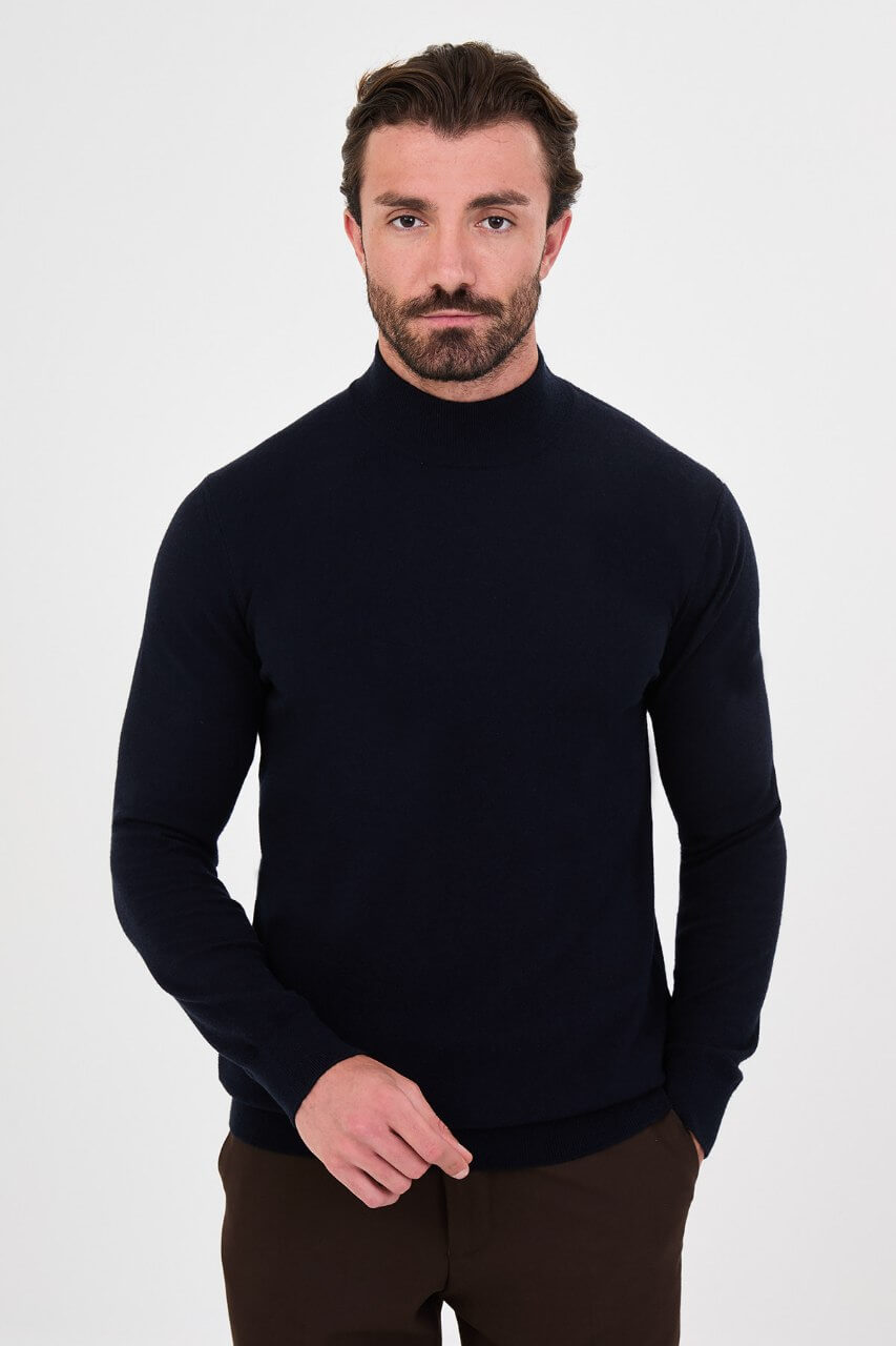 Men's navy blue cashmere blend mock neck knit sweater slim fit fall winter menswear