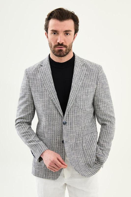 Navy collarless linen-blend blazer, slim fit, side view