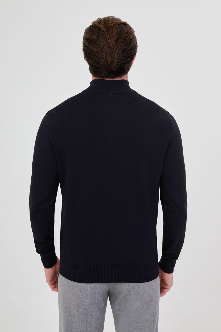 Men's navy blue textured crew neck knit sweater for fall winter menswear.
