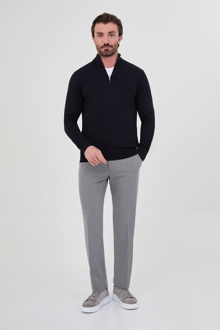 Men's navy blue textured crew neck knit sweater for fall winter menswear.