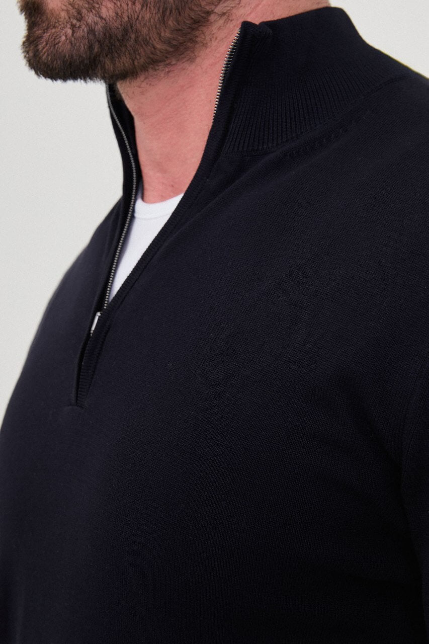 Men's navy blue textured crew neck knit sweater for fall winter menswear.