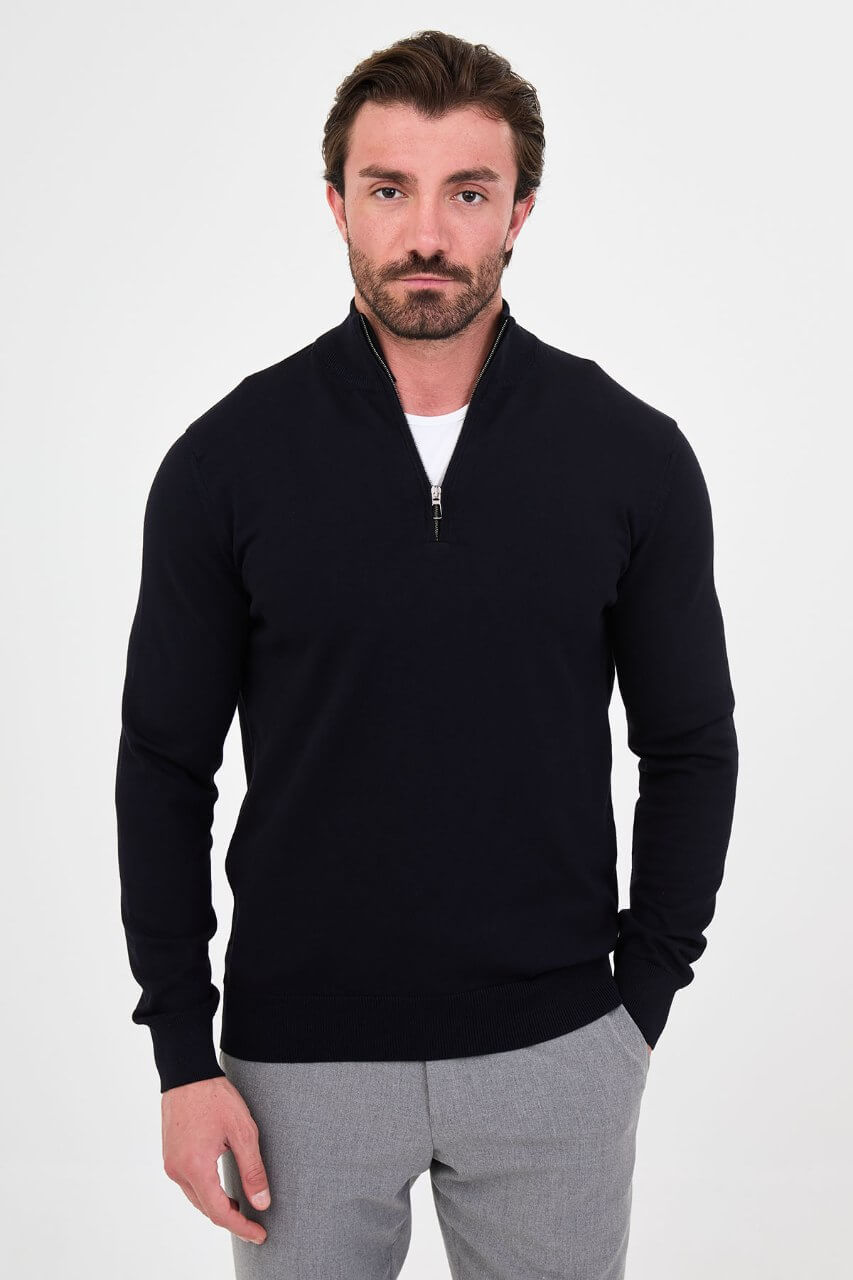 Men's navy blue textured crew neck knit sweater for fall winter menswear.