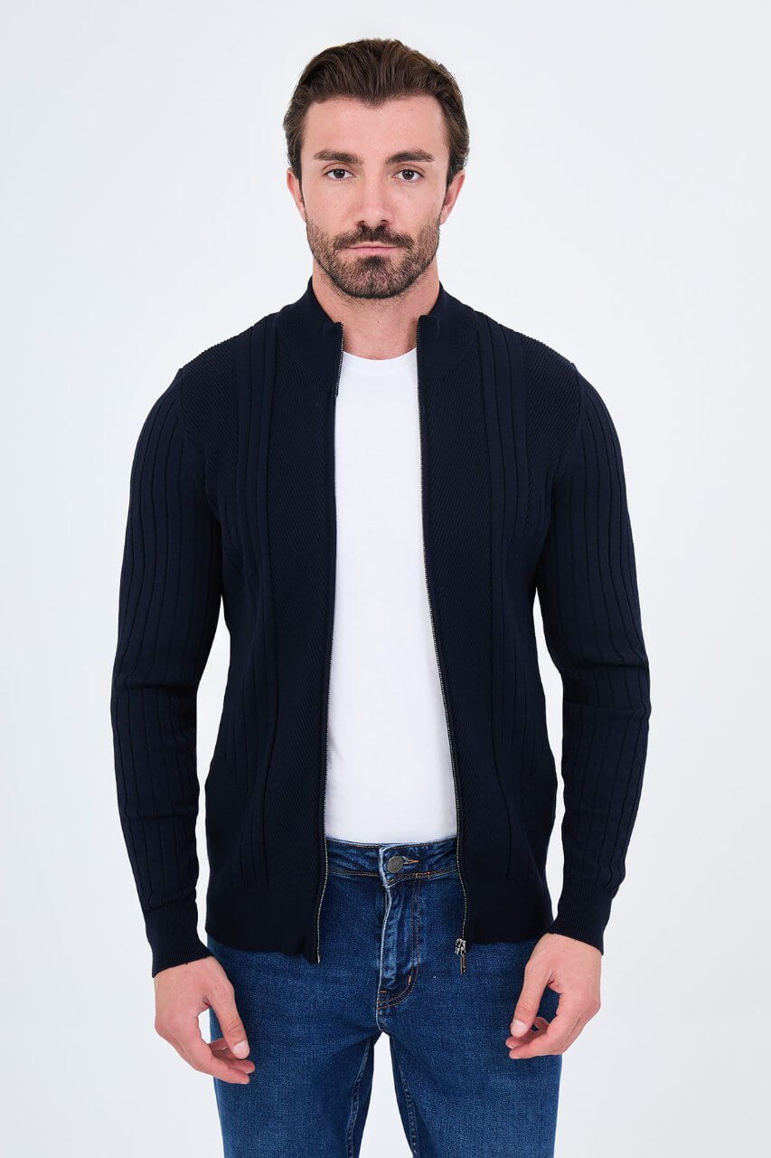 Men’s navy blue ribbed knit full-zip mock neck sweater with cashmere cotton blend for fall winter layering