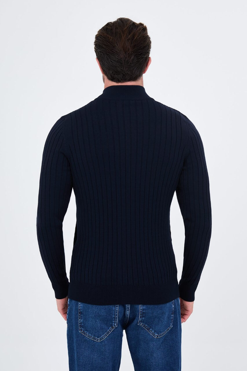 Men’s navy blue ribbed knit full-zip mock neck sweater with cashmere cotton blend for fall winter layering