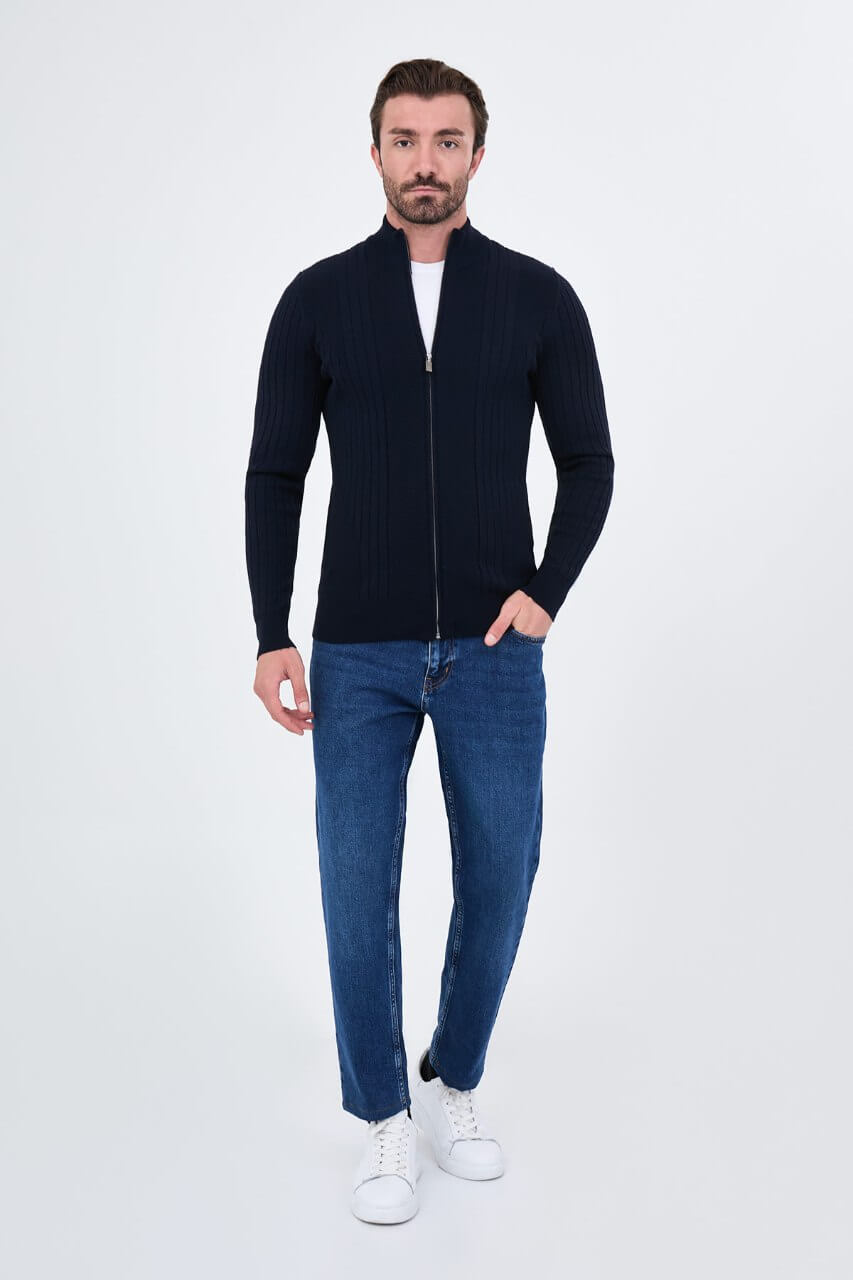 Men’s navy blue ribbed knit full-zip mock neck sweater with cashmere cotton blend for fall winter layering
