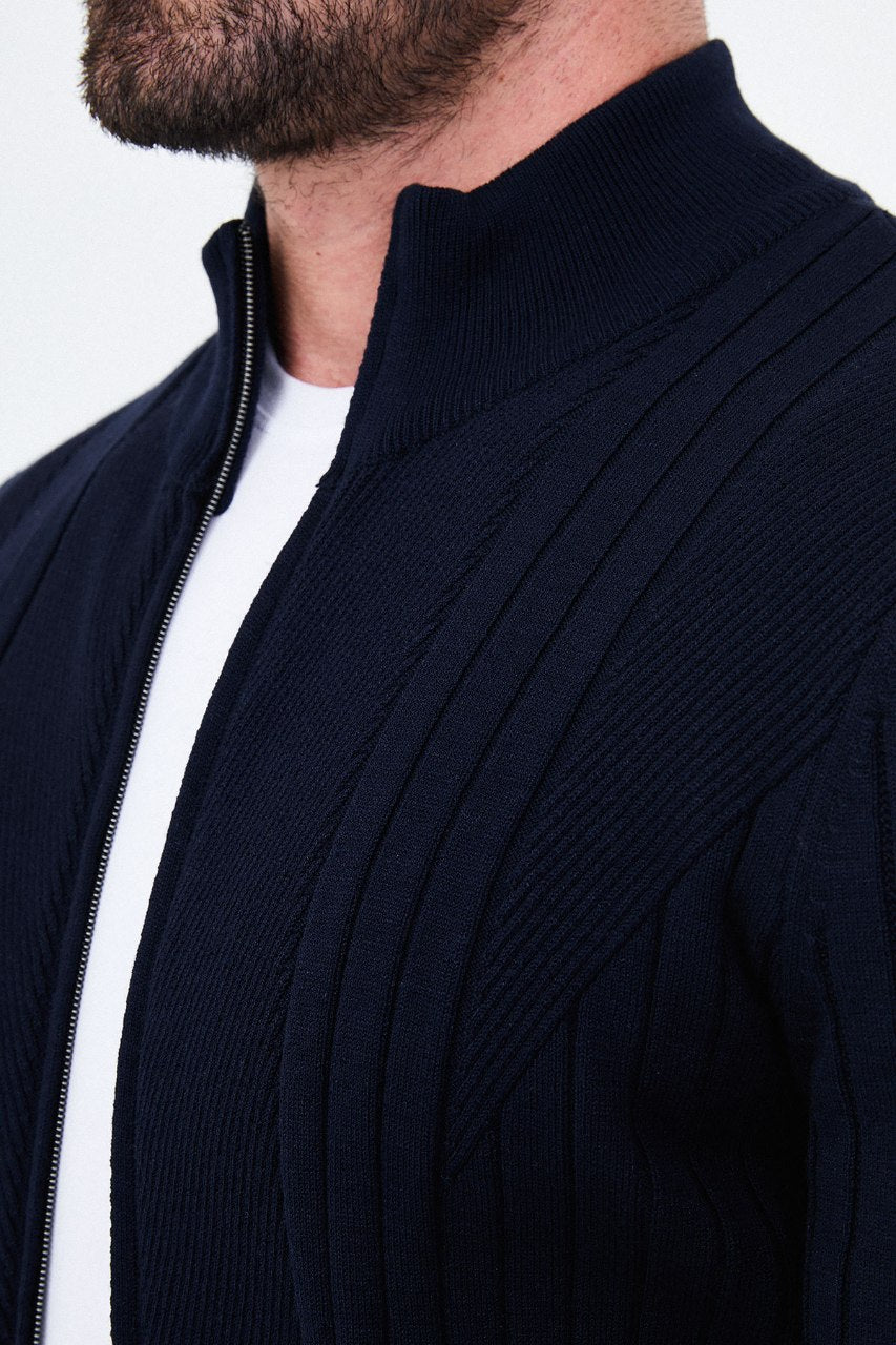Men’s navy blue ribbed knit full-zip mock neck sweater with cashmere cotton blend for fall winter layering
