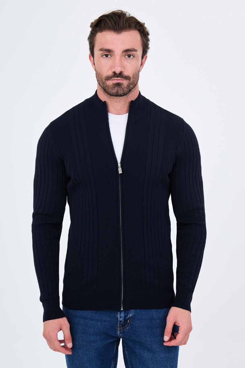 Men’s navy blue ribbed knit full-zip mock neck sweater with cashmere cotton blend for fall winter layering