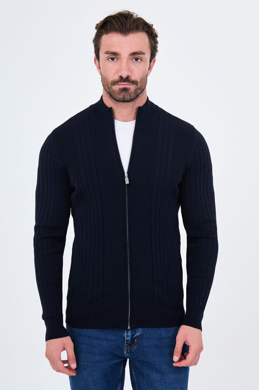 Men’s navy blue ribbed knit full-zip mock neck sweater with cashmere cotton blend for fall winter layering