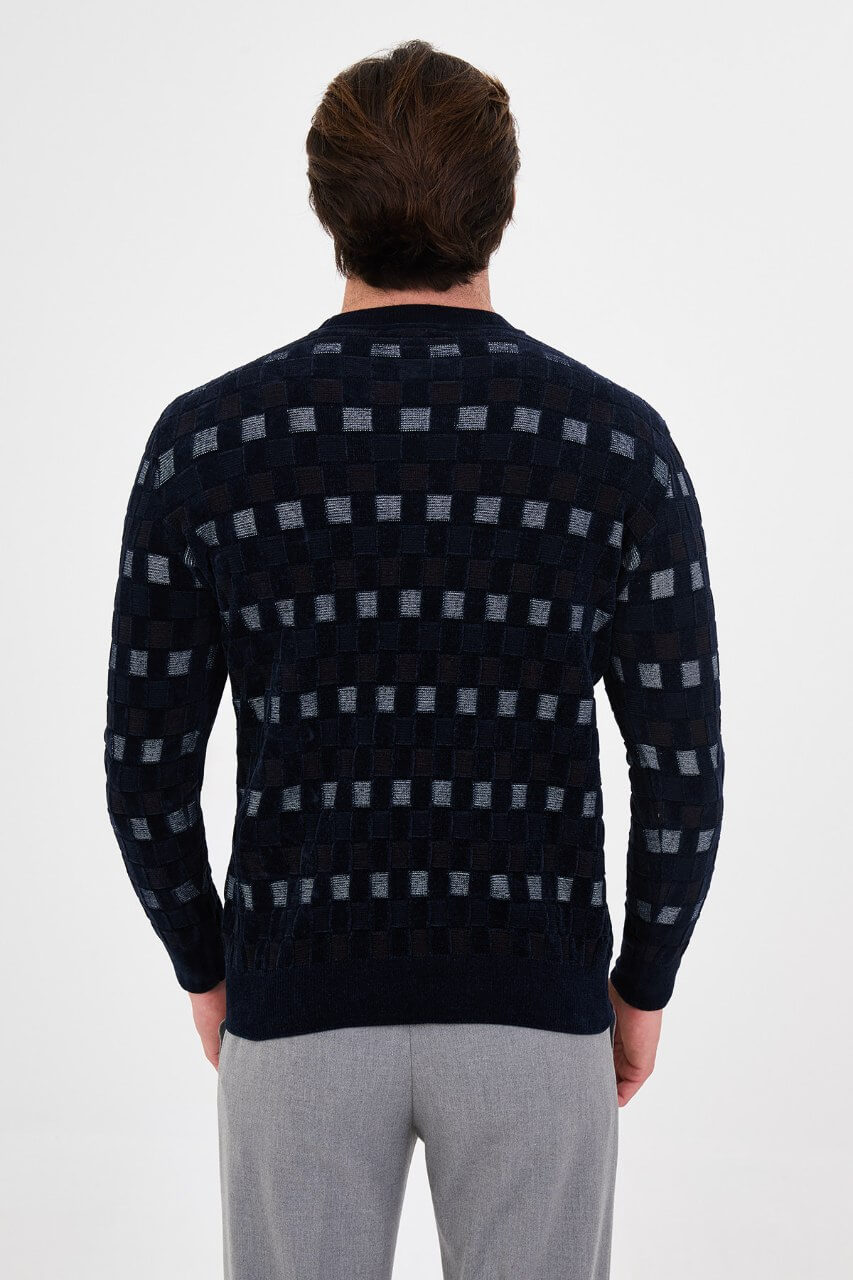 Men's navy blue textured crew neck knit sweater with patterned design for fall winter menswear.