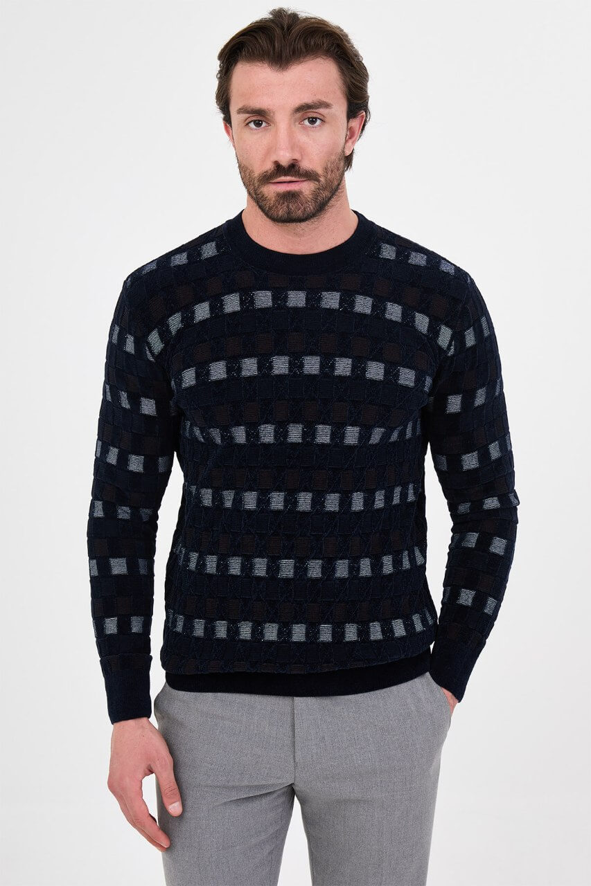 Men's navy blue textured crew neck knit sweater with patterned design for fall winter menswear.