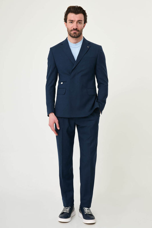 Navy double breasted suit with linen-look fabric and matching trousers, front view
